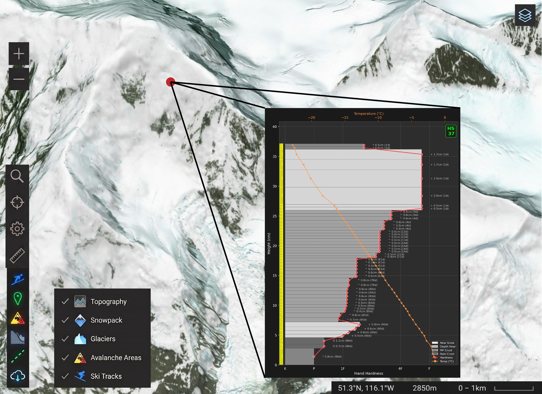 Slope Labs map interface: a point selected on a Canadian Rockies summit, with that location's snowpack layer profile, snow layers, hand hardness, and temperature, shown alongside.